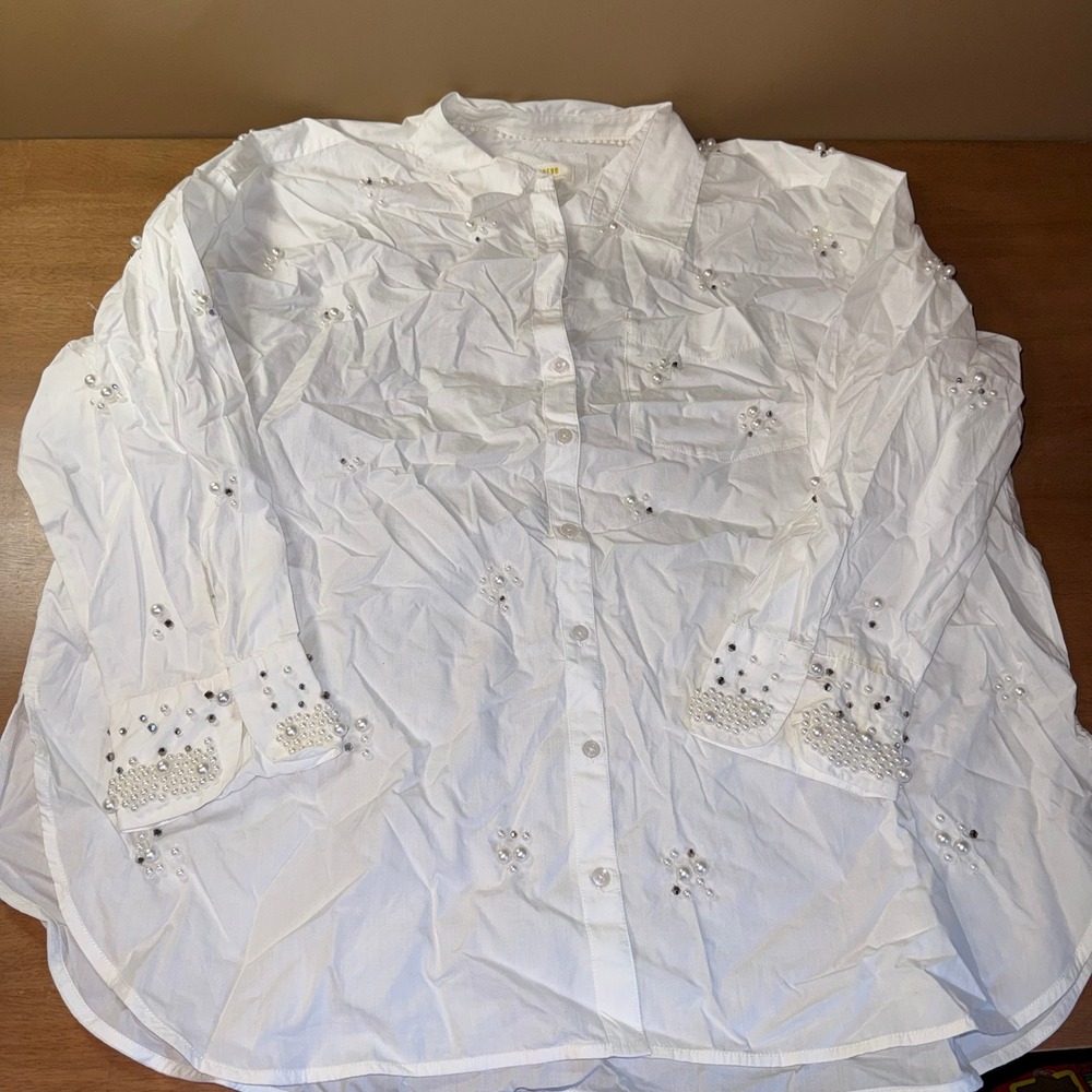 Maeve by Anthropologie White Pearl Rhinestone Embellished Button Down Shirt 2X